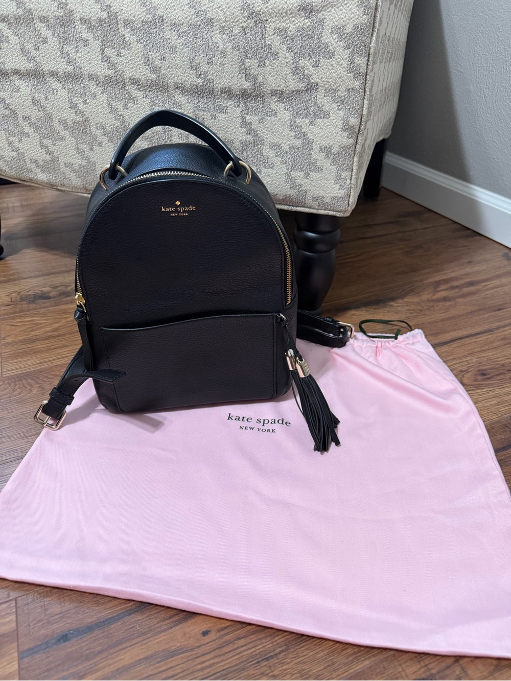 kate spade Black Pebbled Leather Mini Backpack with Tassel